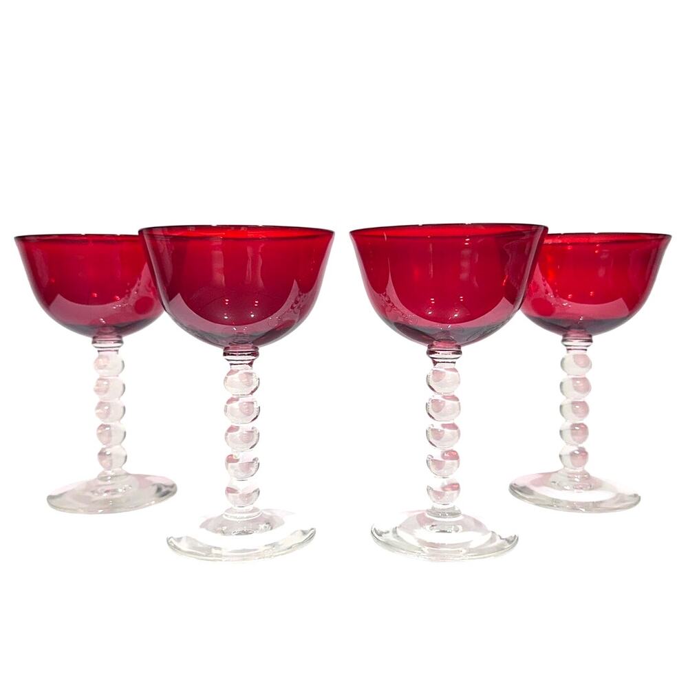 Stunning Art Deco Ruby Red Bubble Stem Champagne Tall Sherbet Glasses-Set of 4